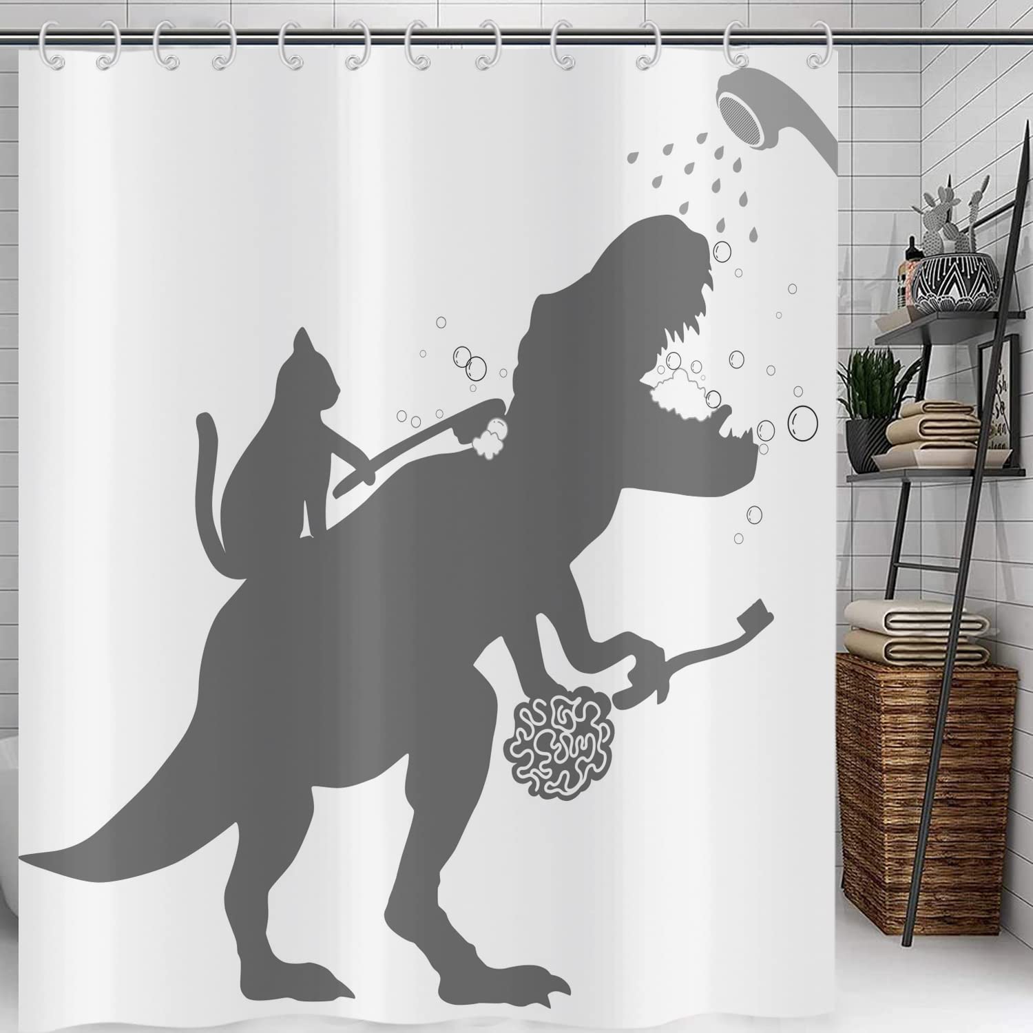 Hnmdmyi Funny Shower Curtain 180x180, Cat Help Dinosaur Bath Shower Curtains Kids Boys Silhouette Shadow Black White Bathroom Curtains Waterproof Polyester Fabric Washable Bath Curtains with Hooks — image 1