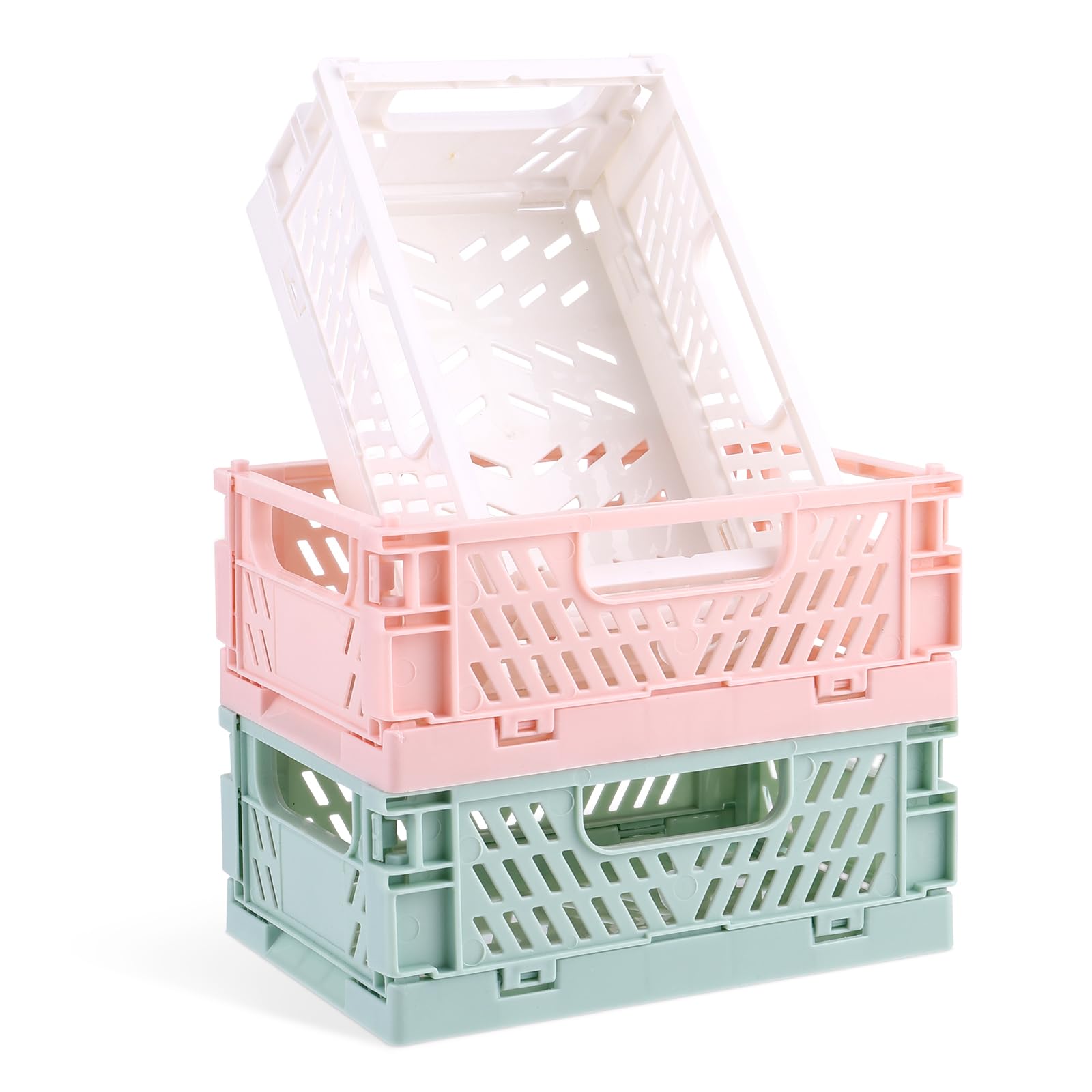 Jeffdad 3 Pack Pastel Crates, Collapsible Plastic Storage Baskets Mini Crates for Bedroom Office Classroom Kitchen Desktop Drawer Shelf (6 x 3.9 x 2.2in