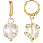 Pearl Dangle Earrings for Women, 14K Gold Plated S925 Sterling Silver Post Wire Wrap Caged Shell Pearl Drop Huggie Hoop Earrings, Hypoallergenic Handmade Gold Earrings Jewelry