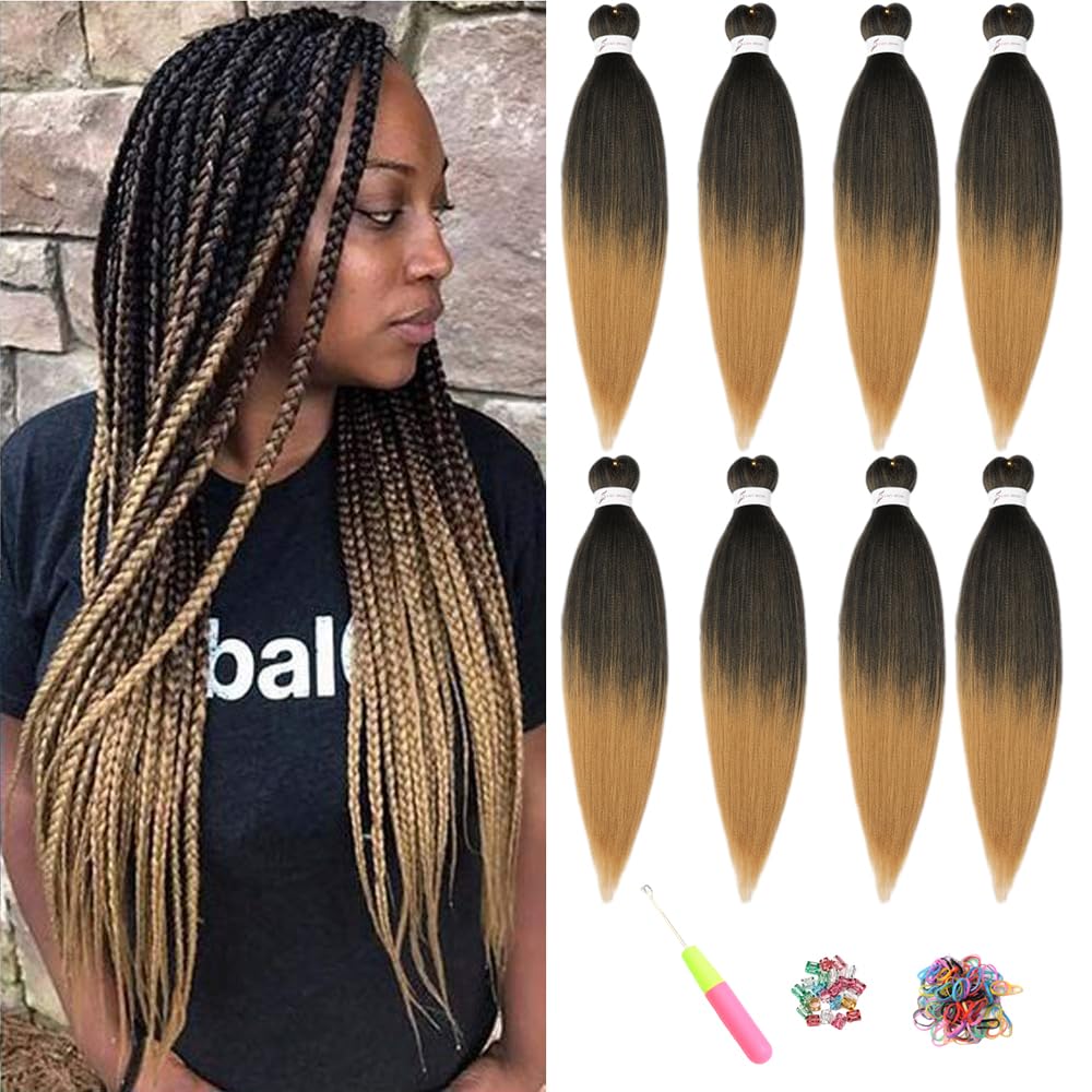 ShowJarlly Pre-Stretched Braiding Hair 8Packs/Lot Yaki Straight Texture Extensions Professional Soft Hair Extensions For Braiding Hair Extension Braiding Soft Hair Extensions(20inch,T1B/27#) — image 1