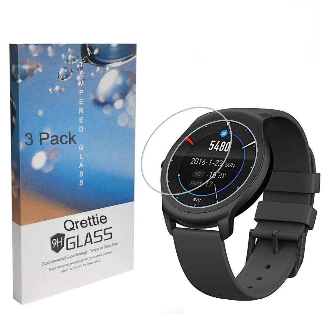 Qrettie 3 Pack for Ticwatch 2 Screen Protector 9H Hardness Tempered Glass Screen Protectors for Ticwatch 2 Smart Watch Screen Protective Film Full Coverage Anti-Scratch No-Bubble