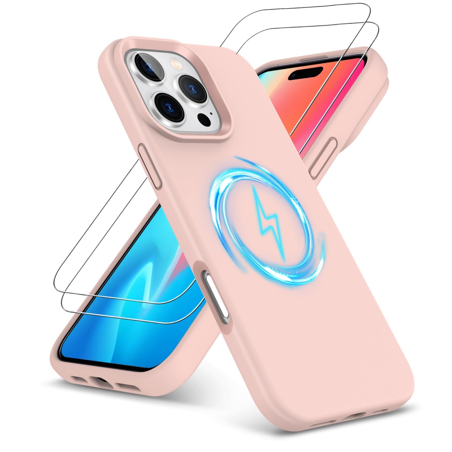 PIXFAB for iPhone 16 Pro Max Case with 2 x Screen Protector Tempered Glass, [Compatible with Magsafe] Liquid Silicone Shockproof Armour Protective [Soft Touch] Rubber Gel Phone Cover - Pink