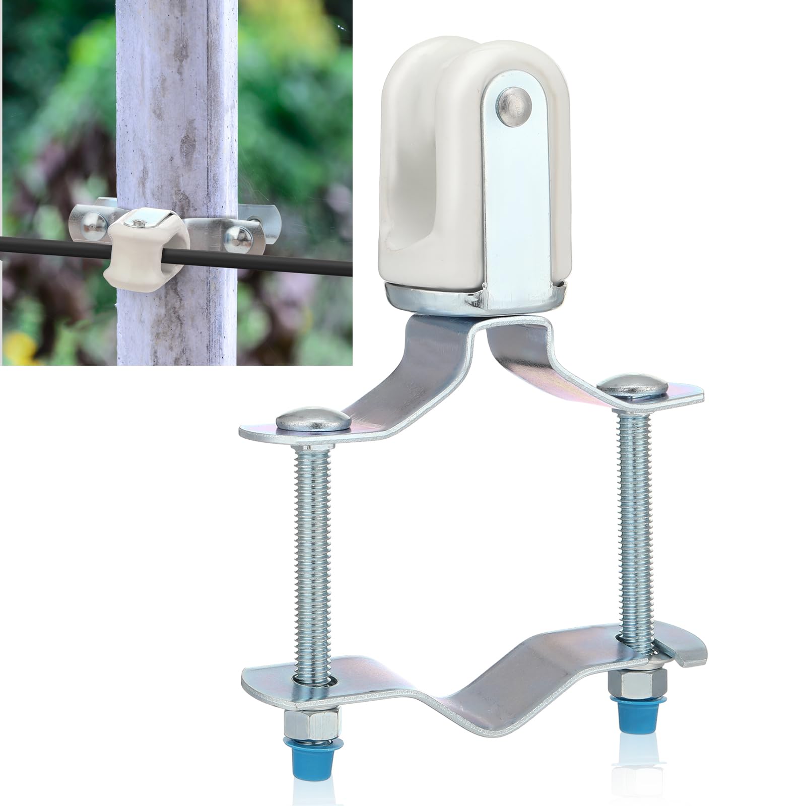 Photo 1 of Blulu Heavy Duty Wire Holder, Adjustable Porcelain Wire Holder, 1-1/4" - 3" Adjustable Bracket, Steel Clamp Fits Around Any Pipe or Pole, Ceramic Head for Cables or Wires as an Insulator