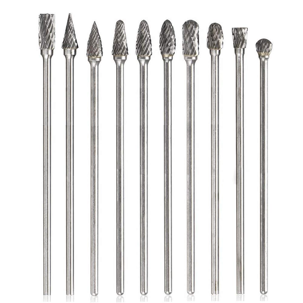 Mesee 10 Pieces Tungsten Carbide Rotary Burrs, Long Reach Double Cut Long Rotating Burr Set with 3mm Shank Files Rasp Twist Drill Bit Polishing Tool Accessory for Rotary Tools, 100mm Length