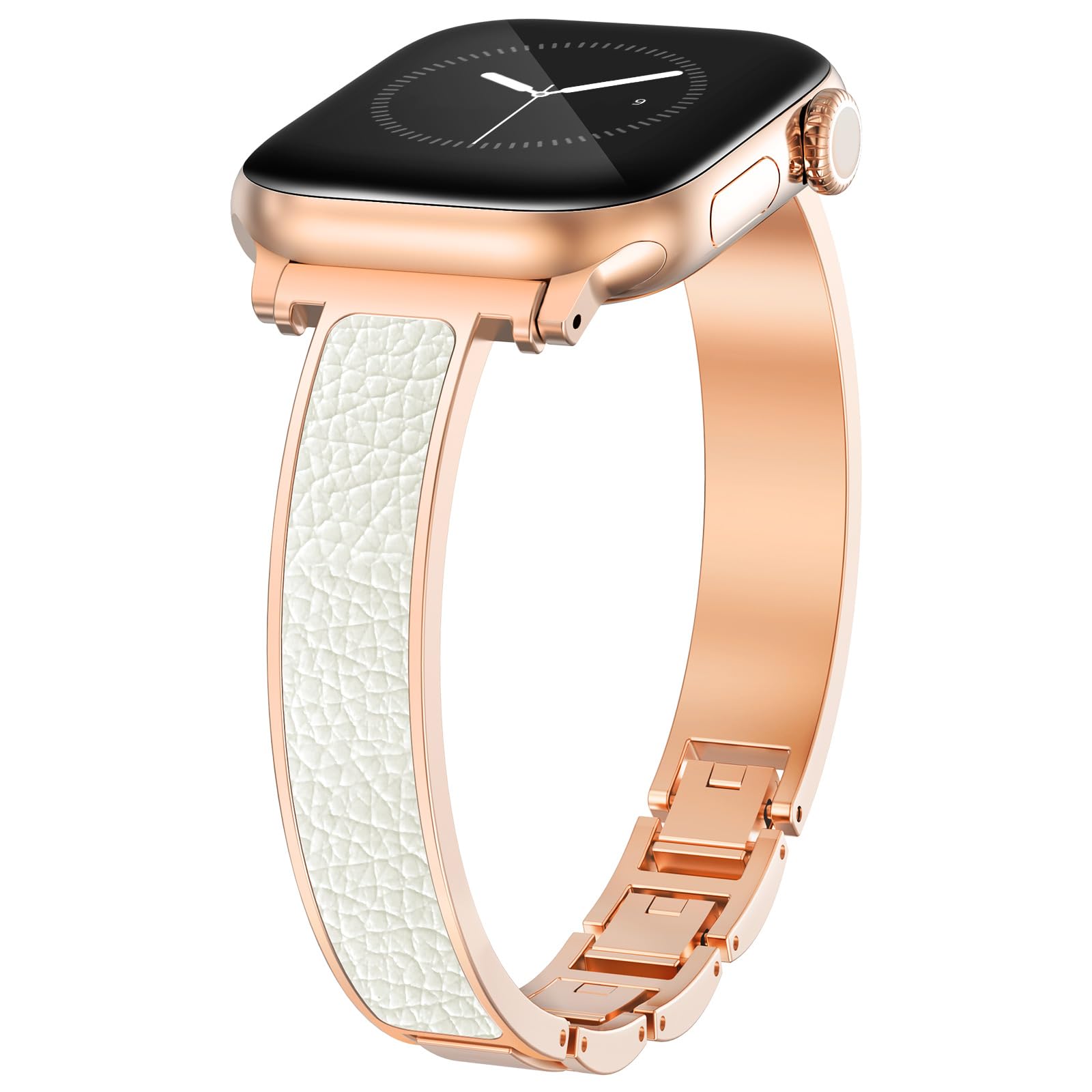WINGLE Slim Leather Bands for Gold Apple Watch Band Women Series 11/10 42mm 41mm 40mm 38mm SE 3/2/1 Jewelry Dressy Bracelet Metal Strap Designer Luxury Bangle iWatch 9/8/7/6/5/4/3/2/1, Rose Gold/White