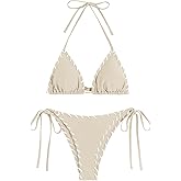 ZAFUL Women Wave Textured Bikini Set Two Piece Twisted Trim Tie Back Halter Cheeky Swimsuit Bathing Suit