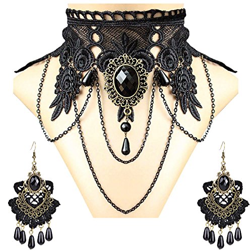 Aniwon Punk Style Wedding Party Black Lace Choker Beads Tassels Chain Pendant Necklace Earring Set for Women (Choker+Earring)