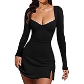 GOKATOSAU Women's Long Sleeve Sweetheart Neckline Cute Side Split Bodycon Mini Dress