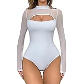 Aranmei Women’s Sexy Mock Turtle Neck Long Sleeve Shirts Sheer Mesh Cutout Trendy Going Out Bodysuits Tops