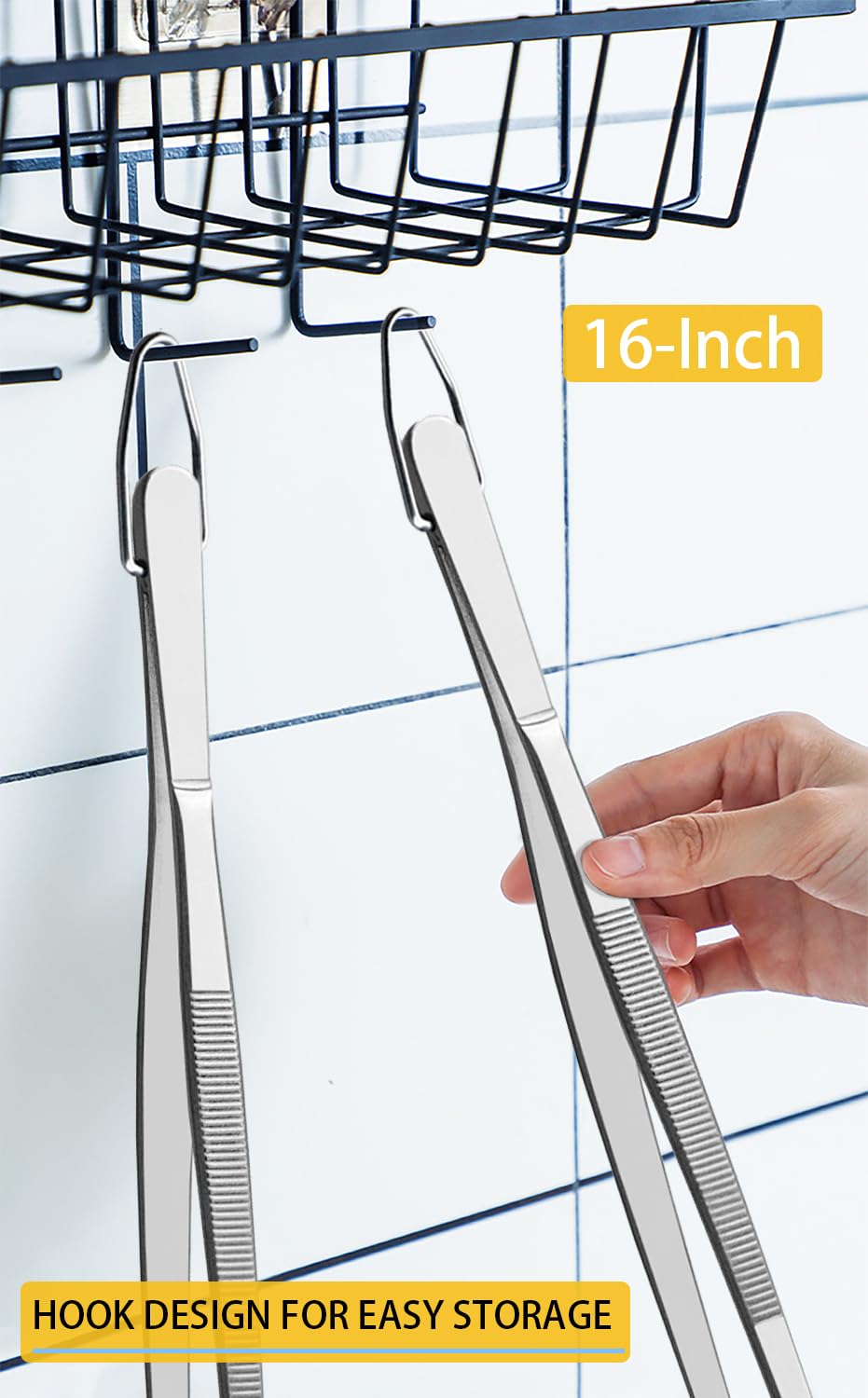 JETKONG 2 Pcs 16-Inch Kitchen Tweezers Extra Long Tweezer Tongs, Heavy Duty Stainless Steel Cooking Tweezers (Silver)
