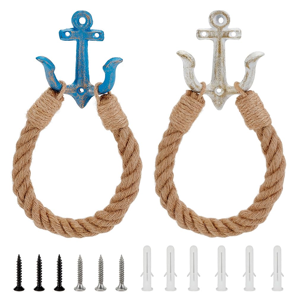 OLYCRAFT 2 Pcs Nautical Toilet Paper Holder Nautical Rope Toilet Paper Holder Roll Holder Towel Holder Vintage Wall-Mounted Towel Rack Rope Holder for Bathrooms Wall Mounted Decor - White Blue