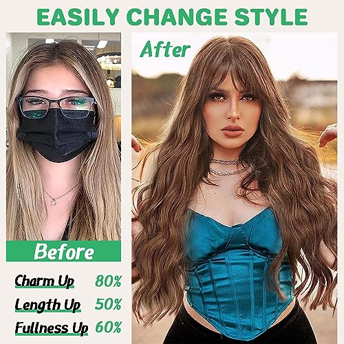 POPTAIYU Ombre Brown Wavy Wigs with Bangs for Women, Long Wavy Wig with Bangs,Curly Natural Looking Synthetic Heat Resistant Fiber Wig for Party Cosplay Daily Use 26 Inches (Ombre Brown)