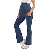 HEGALY Women's Maternity Flare Leggings Over The Belly - Casual Pregnancy Yoga Pants with Pockets Buttery Soft