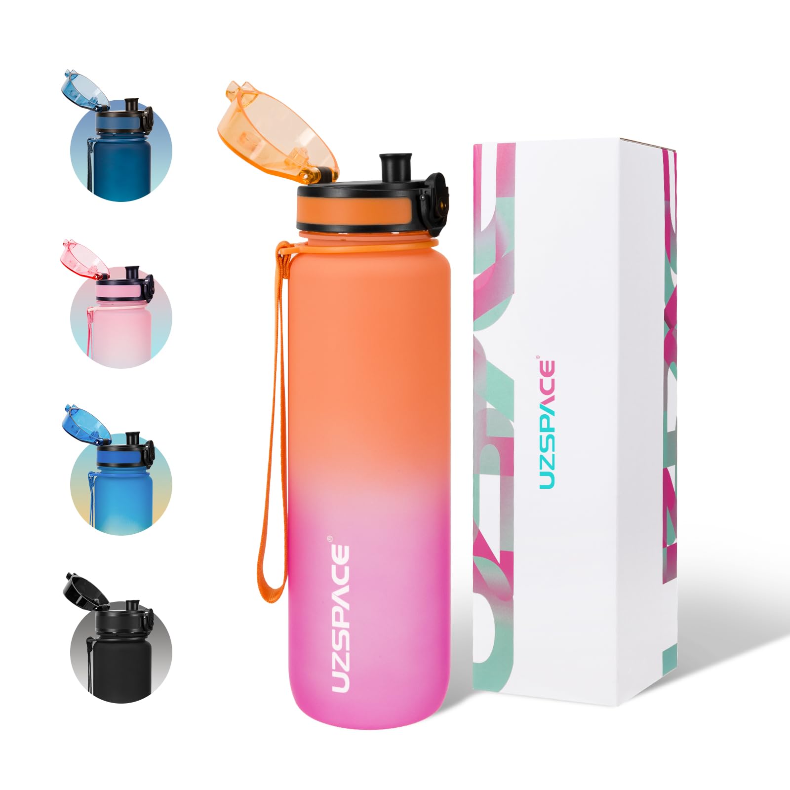 UZSPACE 1 Litre Water Bottle with Strainer - BPA Free Drinking Bottles for Adults - Sports Water Bottle with Capacity Scale - Daily Water Intake Bottle for School or Fitness & Outdoors Orange & Purple
