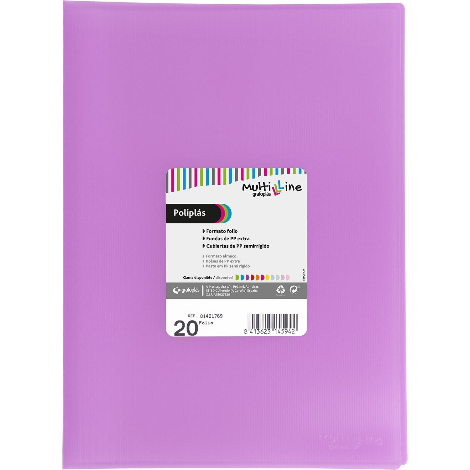 Grafoplás | Plastic Sleeves | 20 Clear Sleeves | Folio Size | Lavender Colour | Flexible Cover | Poly Plastic | Perfect School and Office Supplies