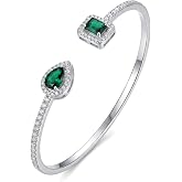 Irideket Silver Open Adjustable Cuff Bangle Gemstone Bracelet with Emerald Cut &amp; Teardrop Zirconia，Fashion Jewelry May Birthstone Gift for Women