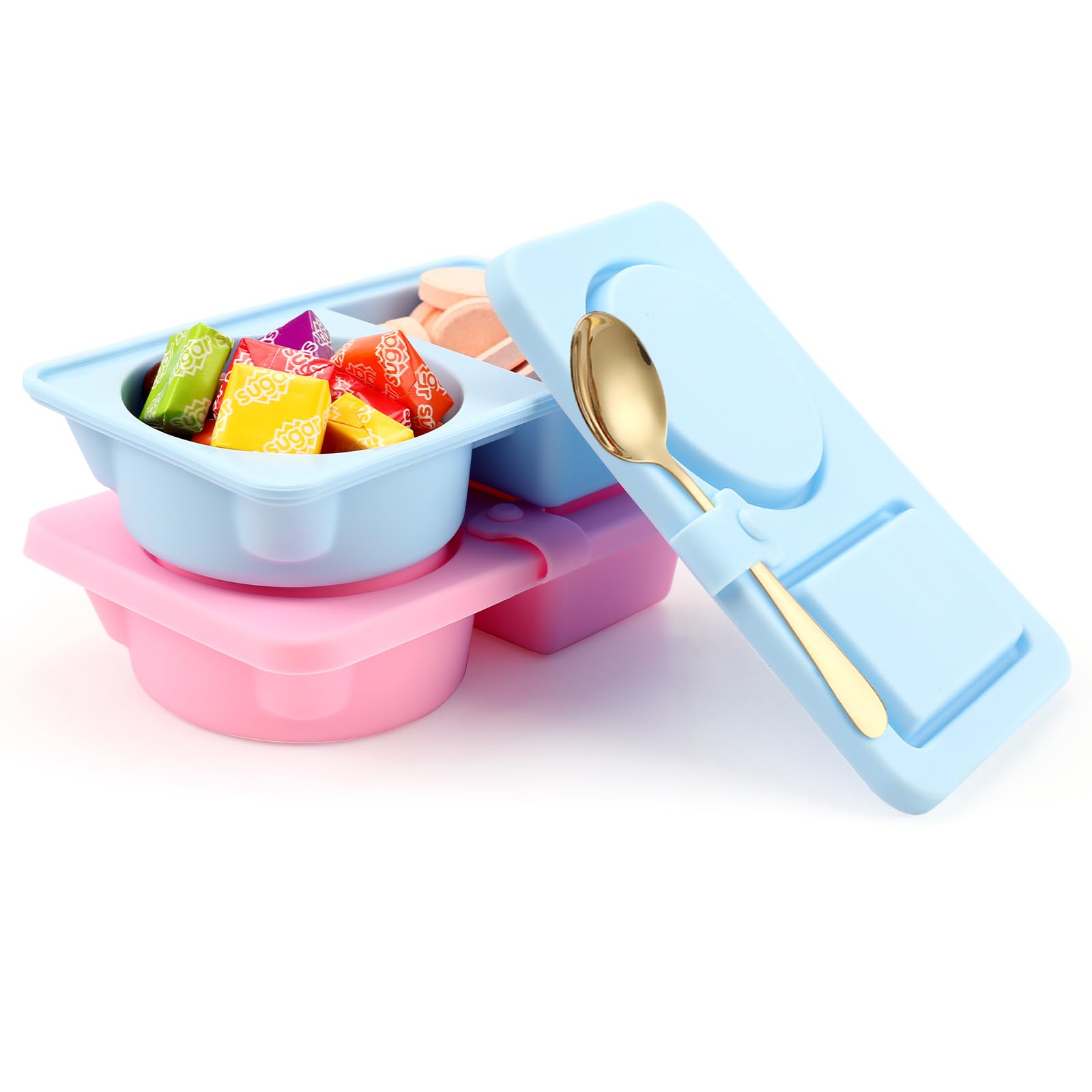 Photo 1 of 2 Pack Silicone Reusable Snack Containers with Lids, Double Compartment Bento Boxes for Sauce & Snacks, Portable Mini Food Storage for Travel, Office & Picnic