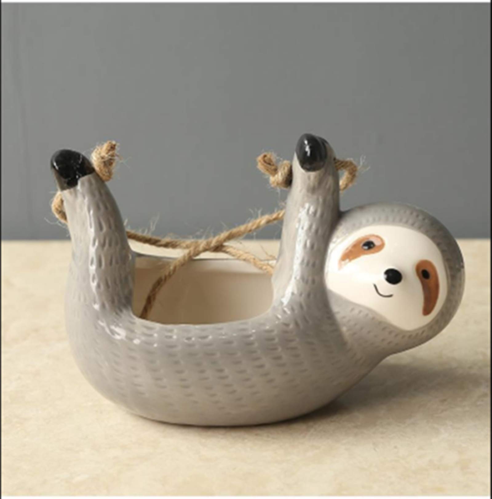 Hwydo Cute Sloth Shaped Planter Ceramic Hanging Flower Pot Succulent Plant Garden (Gray hanging basket)