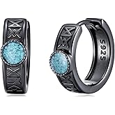 Lypic Black Viking Hoop Earrings for Men 925 Sterling Silver Rune/Ankh/Celtic Knot Turquoise Huggie Earrings Viking Jewelry Gifts for Men Women