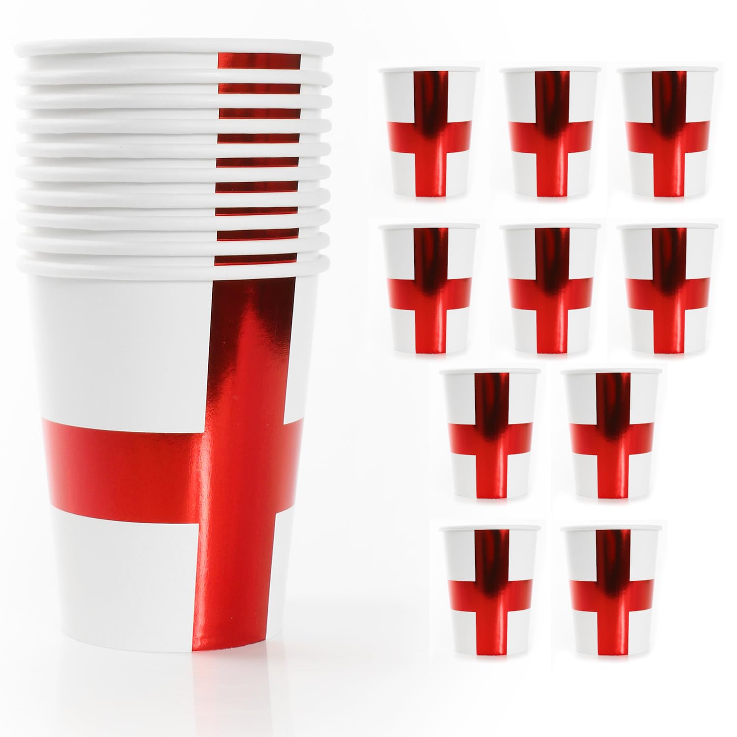 England Flag Paper Cups - Pack of 10 - White Paper Cups with Red Foil St George’s Cross - Perfect for St George’s Day, World Cup Celebrations, Sporting Events, and Patriotic Parties