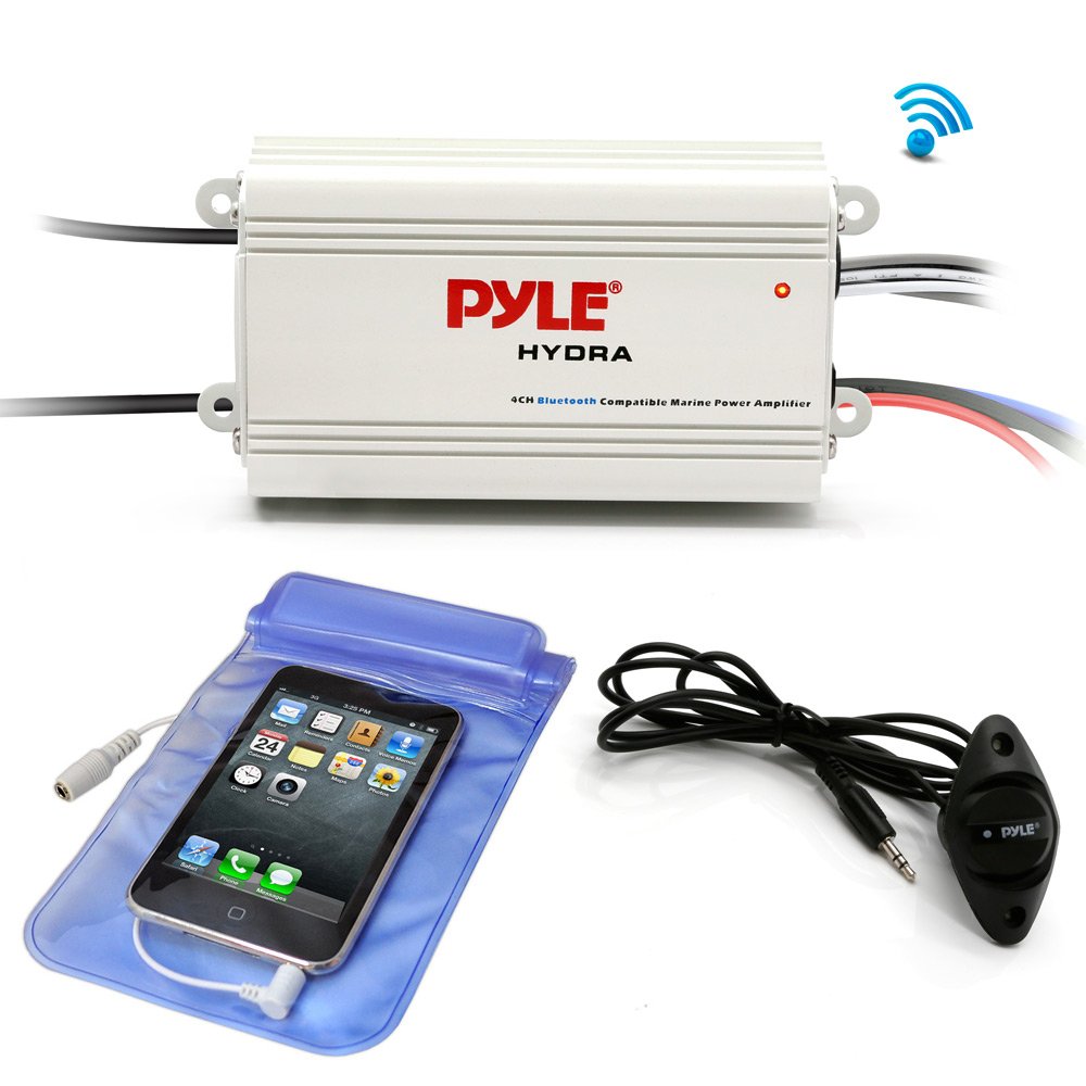 pyle auto 4-channel bridgeable marine amplifier - 200 watt rms 4 ohm full range stereo with wireless bluetooth & powerful prime speaker - high crossover hd music audio multi channel system plmrmb4cw