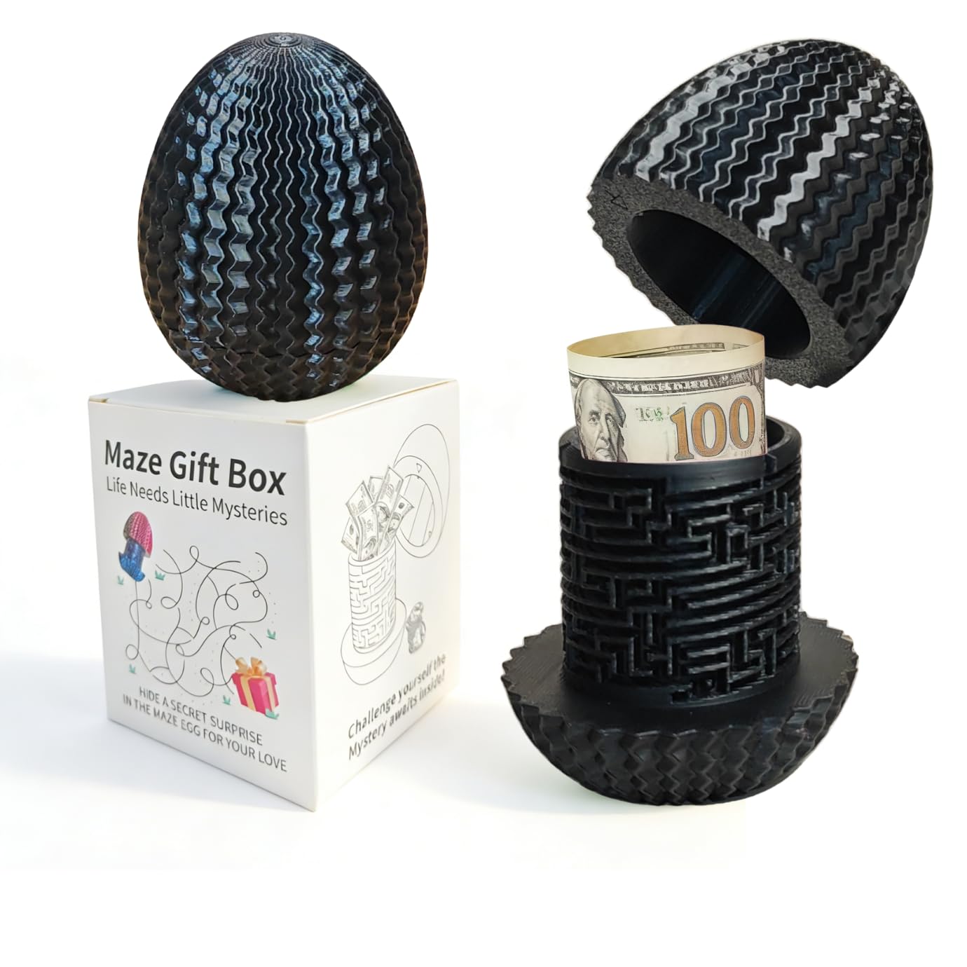 Mystery Egg Maze Box Gift, Money Puzzle Box for Cash,Maze Game with Hidden Compartment, Treasures, Reusable Gift for Adults & Kids,Birthday, Easter, Christmas, Halloween(Black)