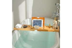 Bamboo Bathtub Caddy Tray, Bath Tub Tray with Towel Holder, Adjustable Bathtub Table with Book Holder, Phone Slot, Cup Placem