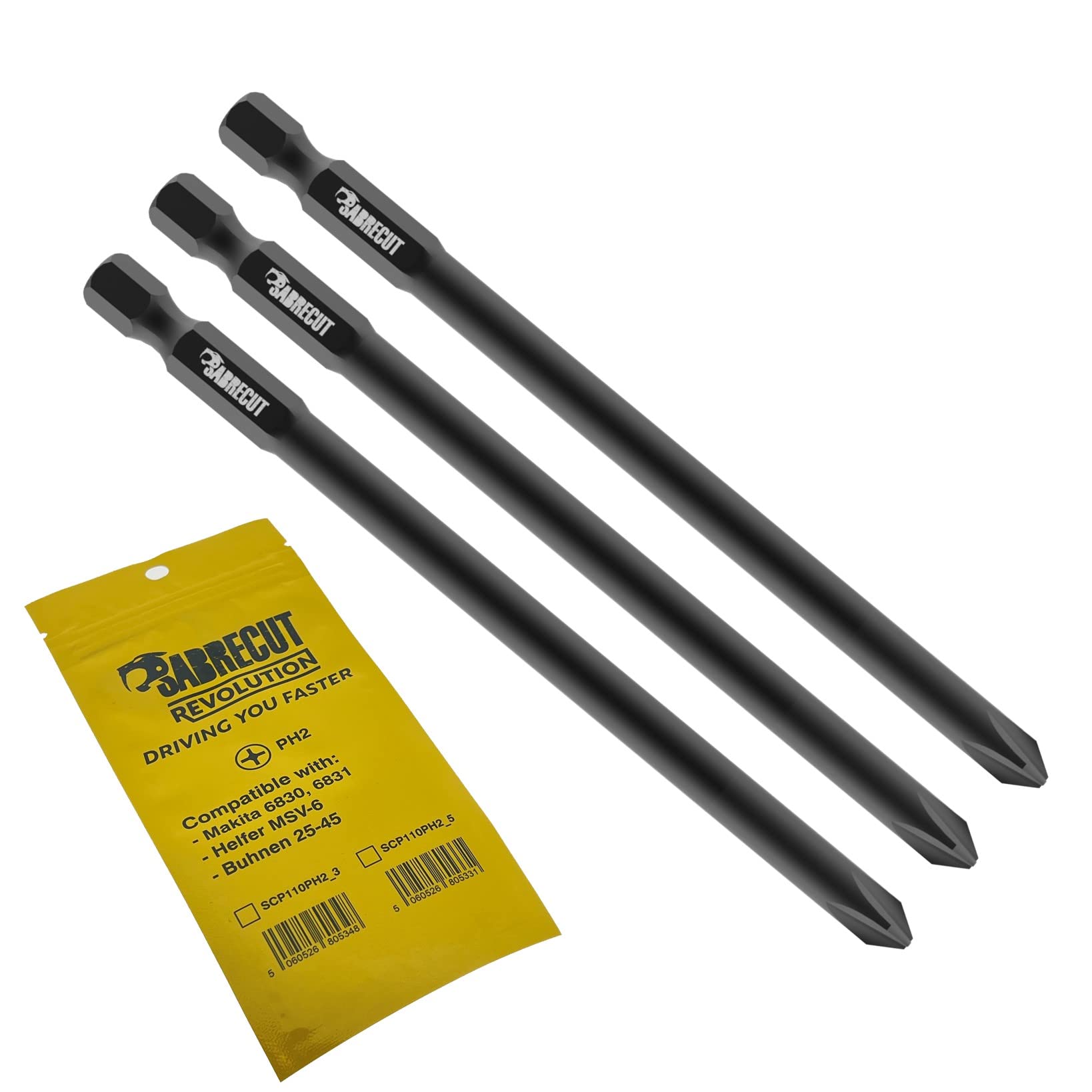 3 x SabreCut SCP110PH2_3 110mm PH2 Compatible with Makita 6830 6831 P-43898 and Helfer MSV-6 Buhnen 20-45 Autofeed Collated Drywall Screwdriver Gun Bit Single Ended Phillips No.2 Heavy Duty