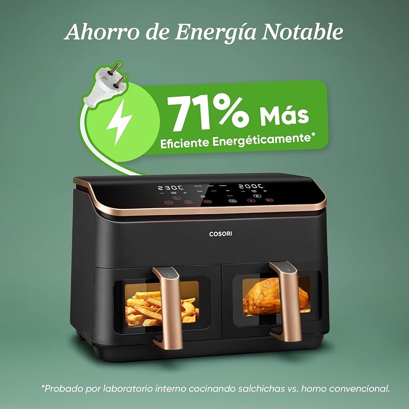 Fritadeira cosori air com cesta dupla fritadeira air 8,5l, capacidade adequada, mais saudável, acabamento sync, 2-4 pessoas, 10 em 1, 35-230 ℃, fácil de usar, rápido e crocante, interior em aço inoxidável, dourado