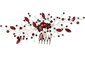 BETITETO Bridal Wedding Hair Comb Wine Red Crystal Sliver Hair Vine Piece Accessories for Women Girls Party Banquet (Wine Red)