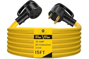 LAZMUMI 30 Amp 15 Feet RV Extension Cord, Heavy Duty 10 Gauge 3 Prong 125V, NEMA TT-30P to TT-30R Outdoor Camper Power Cord Waterproof with Cord Organizer for RV Trailer Campers