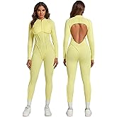 ABOCIW Womens Zipper Long Long Sleeve Workout Jumpsuit Contouring Seams Backless Bodysuit Yoga Rompers Catsuit