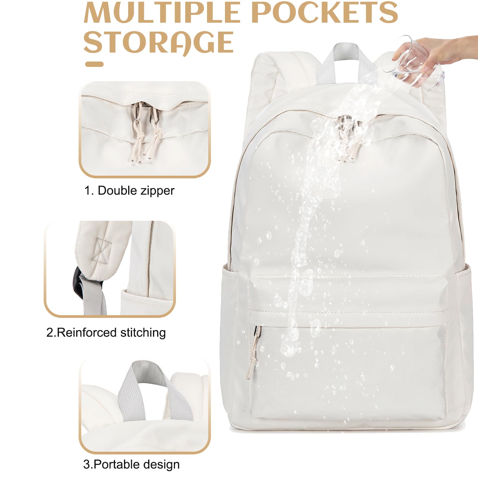 School Backpack for Teen Girls Women Laptop Backpack College Bookbags Middle School Travel Work Commuter Back Pack(Solid Beige)