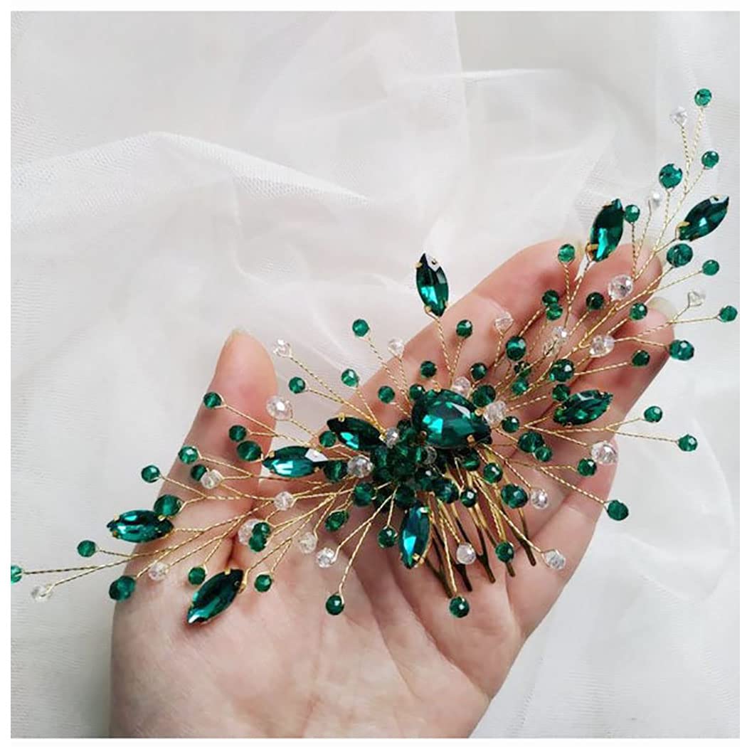 IYOU Princess Green Crystal Hair Comb Bridal Wedding Headpiece Accessories for Girls and Women (Gold)