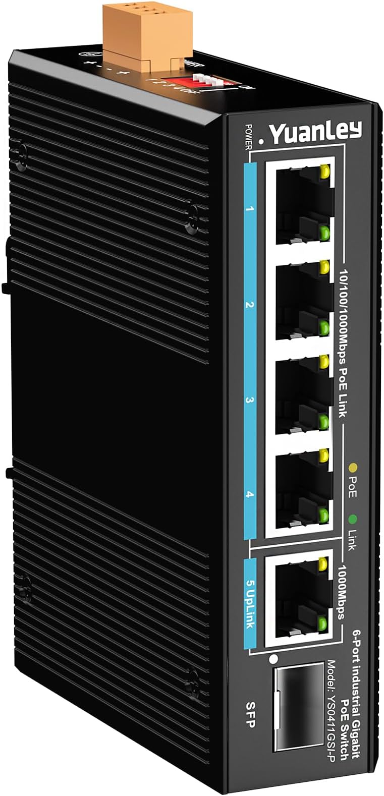 YuanLey Industrial PoE Gigabit Switch 6-Port 4 PoE+ 1 SFP DIN-Rail 12Gbps VLAN