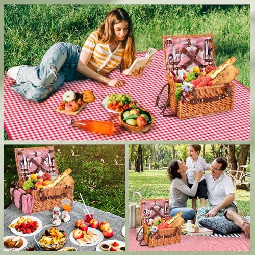 4 Person Picnic Basket, Wicker Picnic Set with Insulated Bag, Waterproof Picnic Blanket and Cutlery Set, Picnic Basket for Camping, Pink