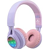 Riwbox WT-7S Kids Bluetooth Headphones Light Up, Foldable Stero Wireless Headset,with Microphone and Volume Control,Comfortable and Durable,for PC/Tablet/TV/Travel(Purple)