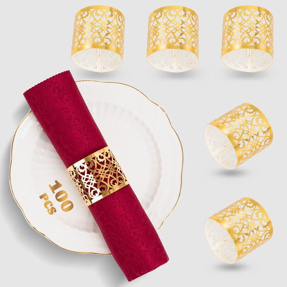 Photo 1 of 100 Pcs Napkin Rings Laser Cut Premium Paper Napkin Holder for Wedding Party Christmas Dinner Serviette Table Restaurant Celebration (Gold)