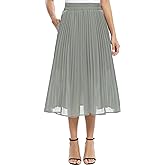 EXCHIC Women's Casual Chiffon Elastic Waist A-Line Pleated Midi Skirt with Pockets