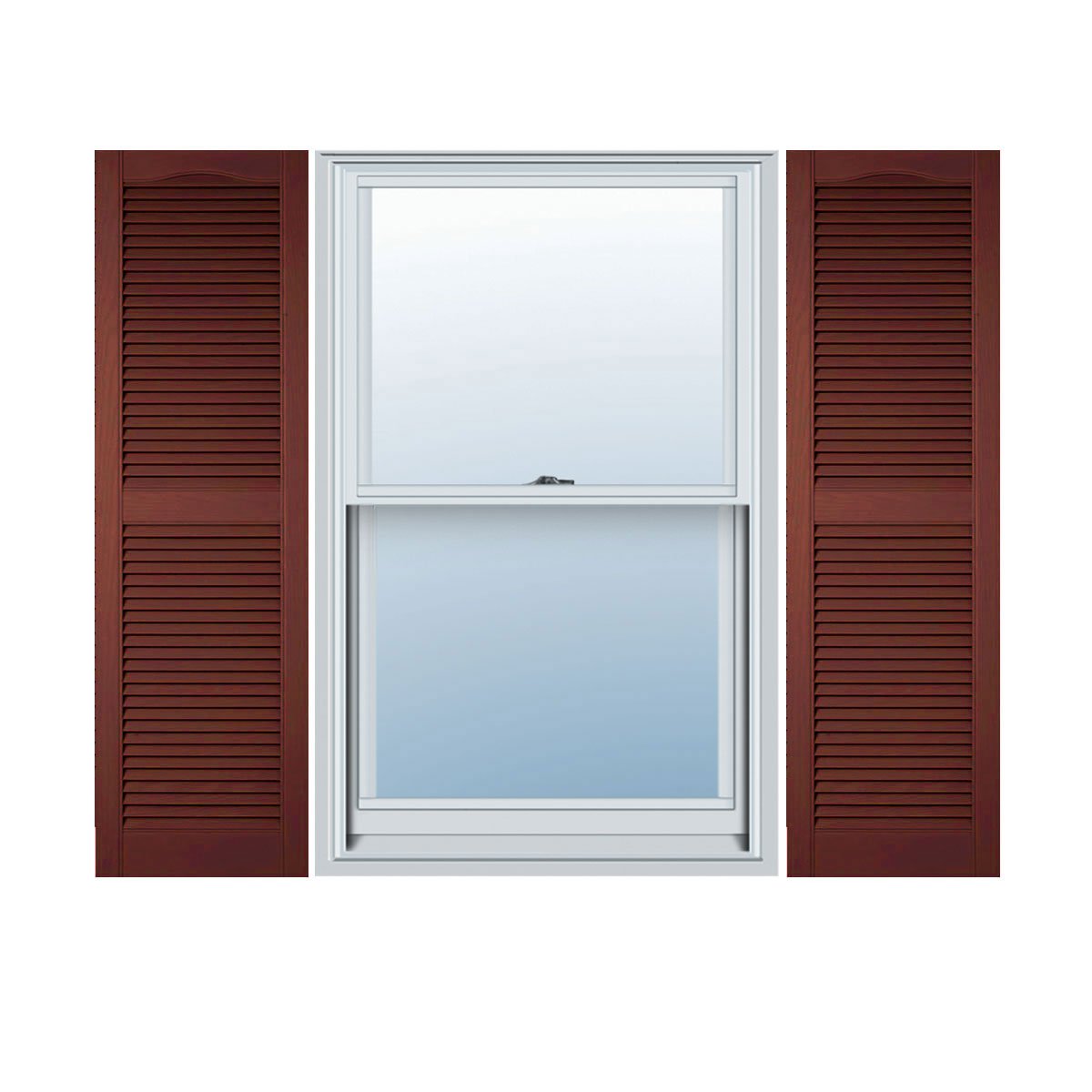Ekena Millwork 12″W x 72″H Lifetime Vinyl, TailorMade Cathedral Top Center Mullion, Open Louver Shutters, w/Shutter-Loks (Per Pair), Burgundy Red