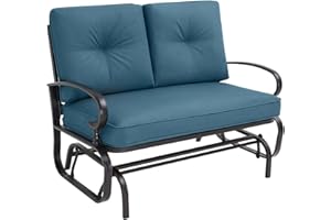 Crownland Outdoor Patio Glider Chair, Rocking Glider Bench for 2 Person, Porch Furniture Loveseat Seating, Wrought Iron Patio Textilene Gliders for Outside, Porch, Garden(Peacock Blue)