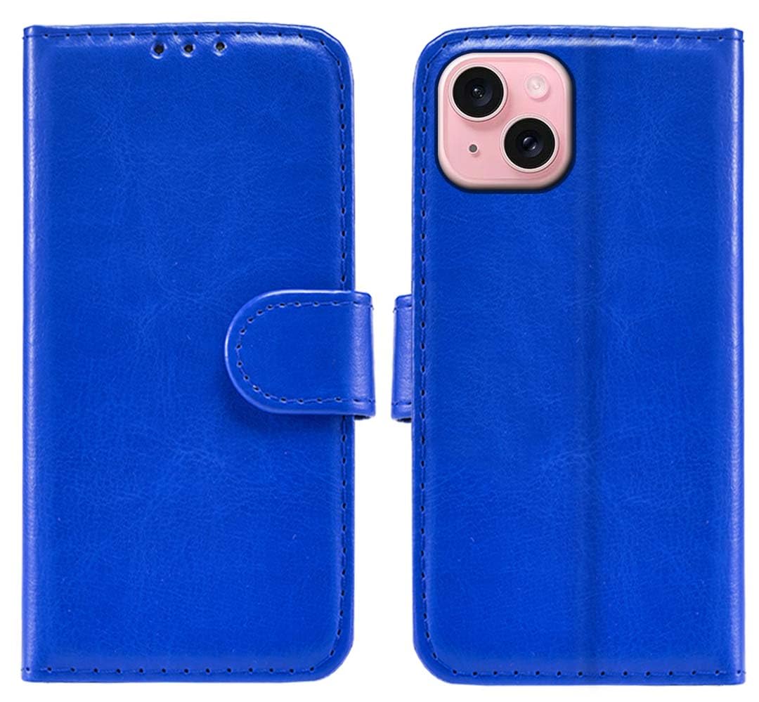 MAU Case for iPhone 15 Phone Case 6.1-Inch, Blue PU Leather Flip Wallet Phone Stand Case Cover with 2 Slot Card Holder and Magnetic Closure for iPhone 15 Case - (Blue)