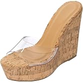 BAMBOO Women's Lucite Clear Wedge Heel Open Toe Slip On Mule Dress Shoe