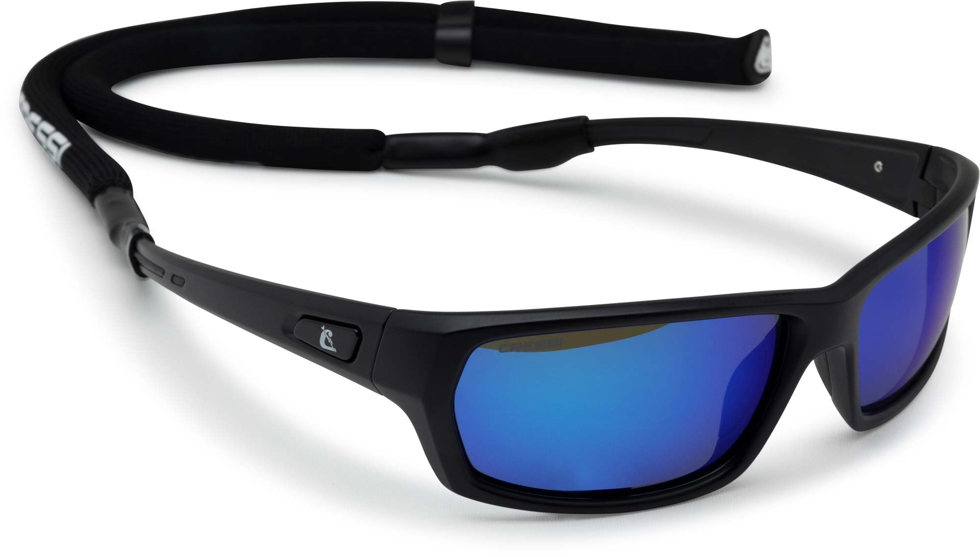 Cressi Bill Sunglasses W/Lace - Sunglasses with Floating Lanyard, Black/Mirrored lenses Blue