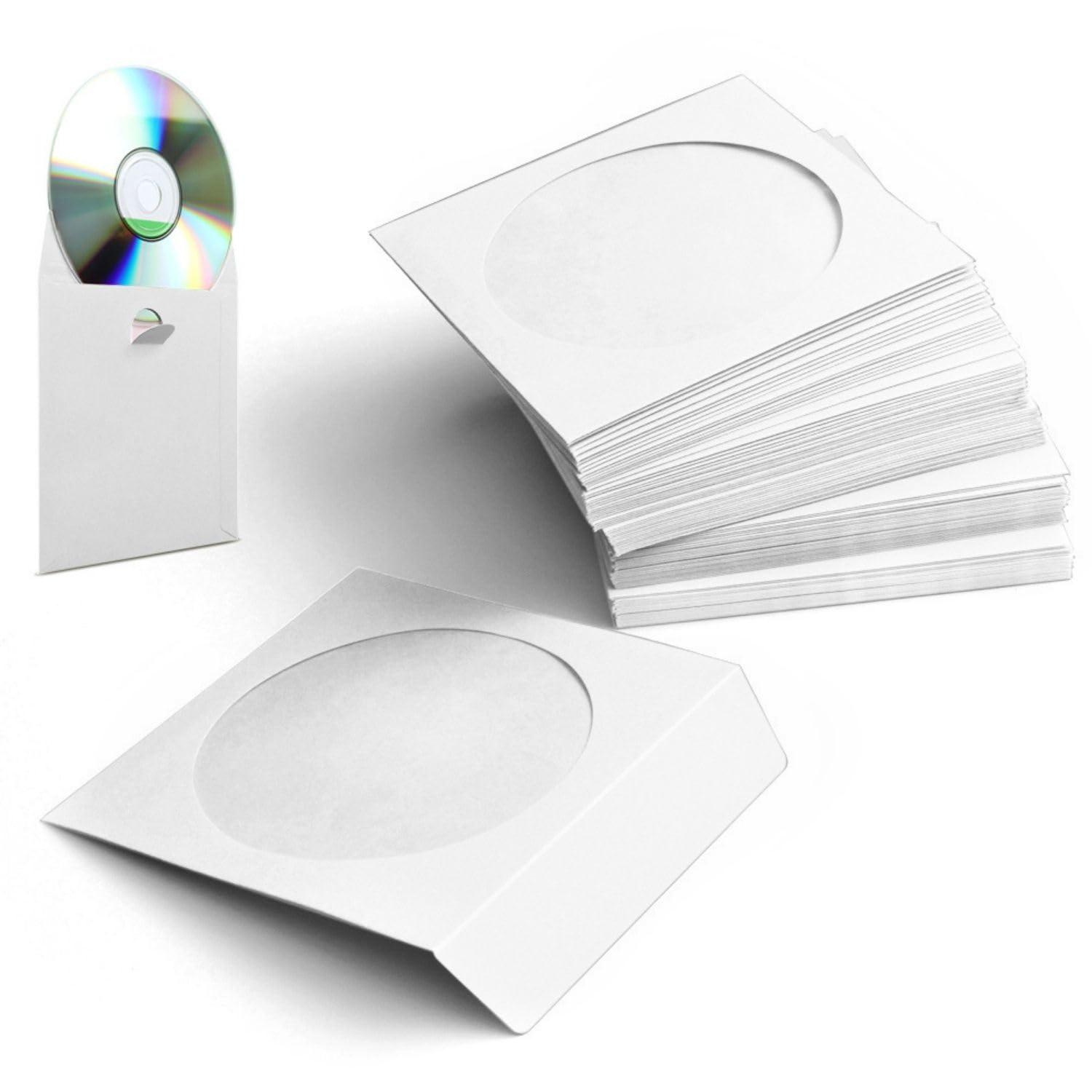 Flexzion DVD CD Sleeves 100 Pack - Paper CD Sleeves for Blank CDs for Burning Music Movie Video Game Disc - Thick Disc Sleeve CD Envelopes Storage with Window Cutout and Flap, White โ image 1