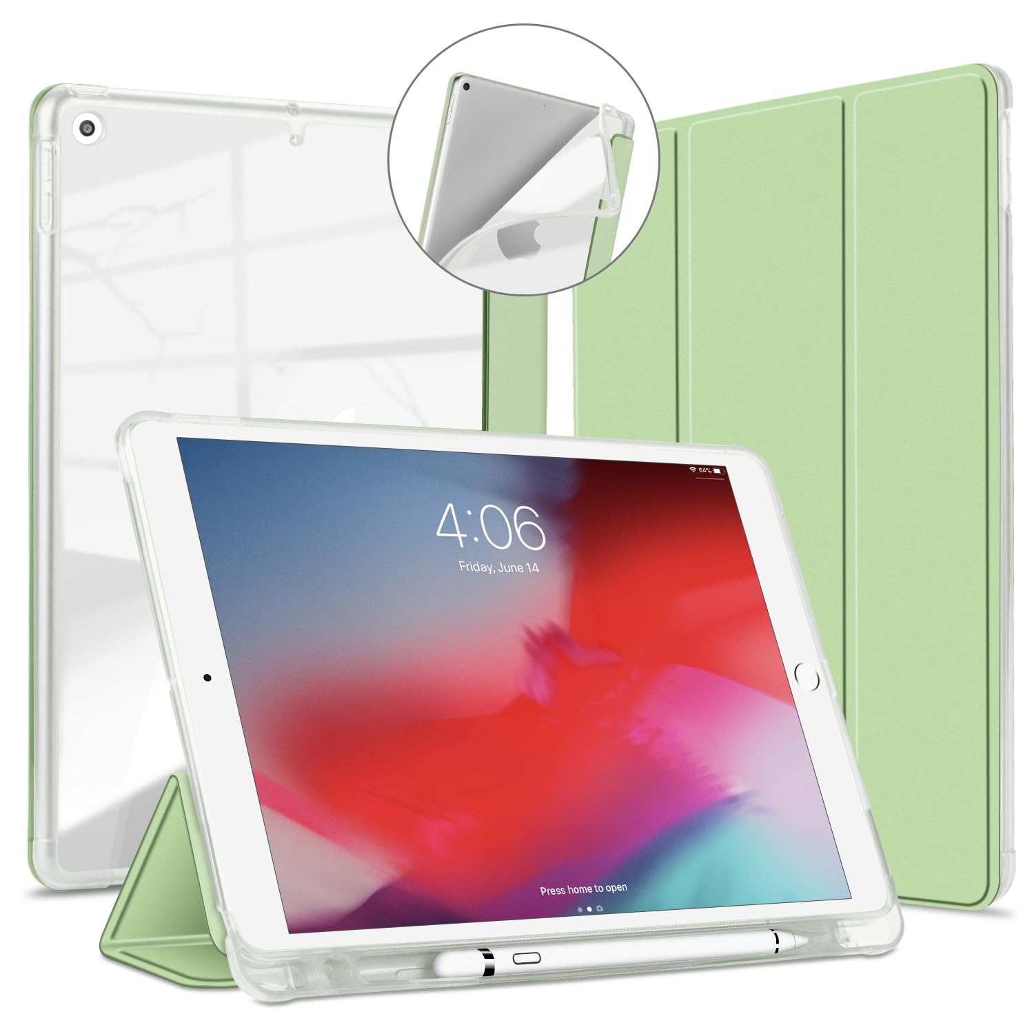 VAGHVEO Case for iPad 9th Generation 10.2 2021/ 8th Gen 2020/7th 10.2” 2019 with Pencil Holder, Flexible Stand Smart Cases [Auto Wake/Sleep], Soft TPU Back Cover Shell for iPad 10.2 Inch, Light Green — image 1