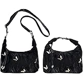 Elegant Butterfly Hobo Handbag, Black Textured with Silver Butterfly Accents, Casual Crossbody Purse for Women, Large Capacity