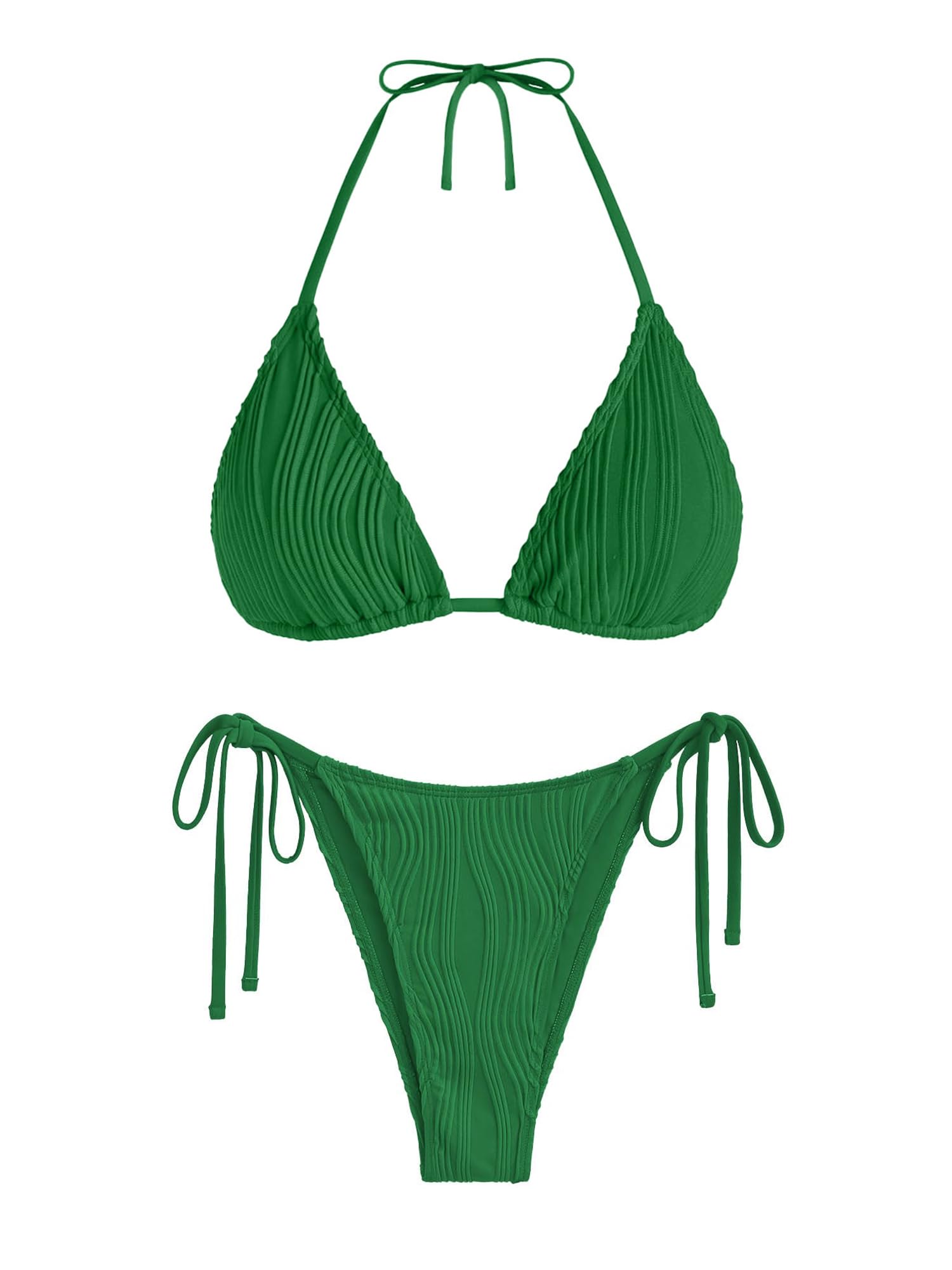 Photo 1 of ZAFUL Wave Textured Halter Bikini for Women 2 Piece Triangle Bikini Sets Sexy High Cut Bathing Suit Side Tie Swimsuits D-Green S