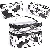 FITINI 3 Pieces Makeup Bags Double Layer Travel Large White Cows Cosmetic Cases Organizer Toiletry Bags Waterproof Small Zipper Pouch for Women Makeup Brush Storage Bag