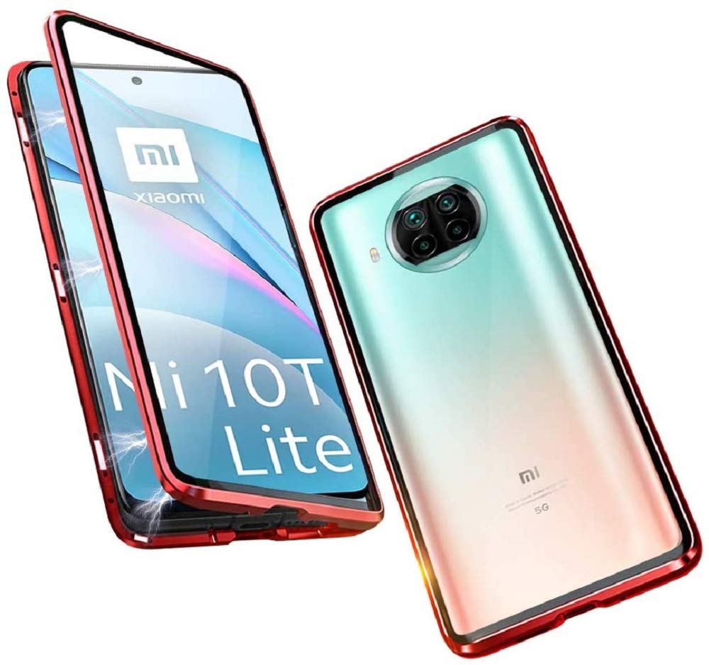Case for Xiaomi Mi 10T Lite 5G Cover Magnetic Adsorption Metal Frame Flip Cover Front and Back Tempered Glass Transparent Ultra Thin 360 Degrees Full Body Screen Coverage Protective Case,Red